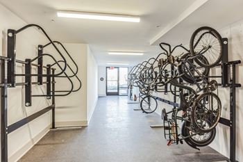 A row of bikes hanging on a wall in a white room
